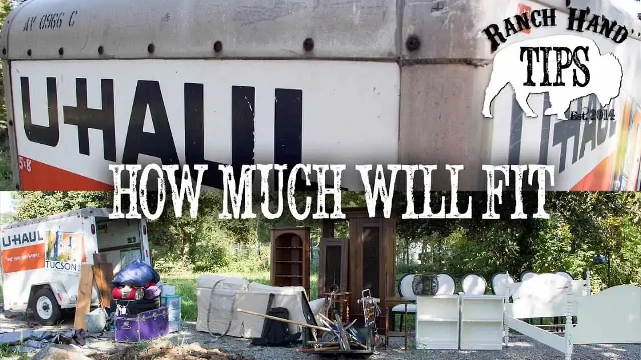 A packed U-Haul trailer and an open U-Haul truck with household items and furniture outside, with the text "HOW MUCH WILL FIT" over the image.