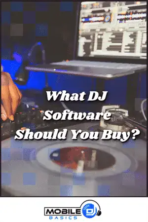 DJ software setup with turntables and laptop at a club or event.