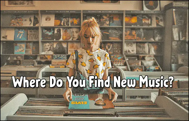 Young woman browsing vinyl records at a music store for new music.