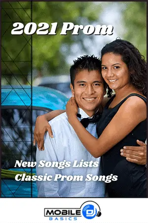 2021 Prom couple smiling outdoors with classic prom song text.