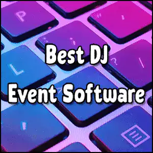 Colorful DJ keyboard with overlay text 'Best DJ Event Software'.