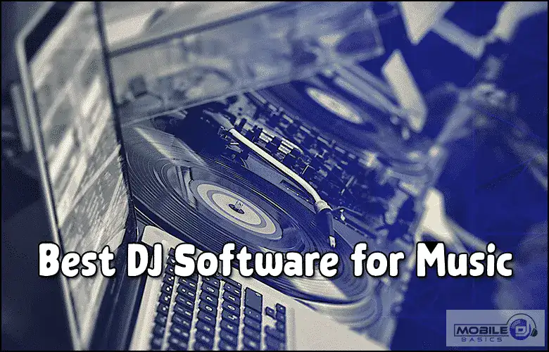 DJ equipment with turntable, mixer, and laptop for music mixing and DJing.