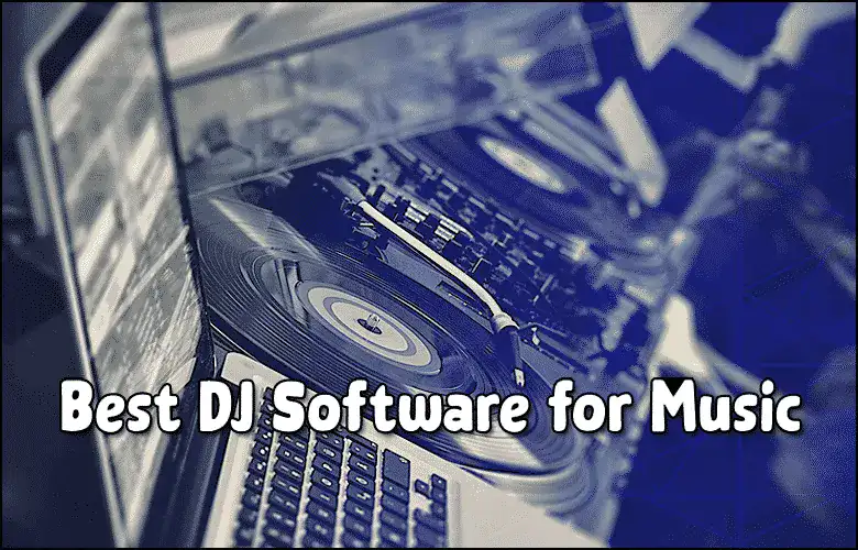 DJ equipment with turntable and laptop for music mixing and DJing.