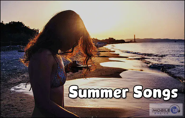 Girl using smartphone on beach at sunset with 'Summer Songs' text overlay.