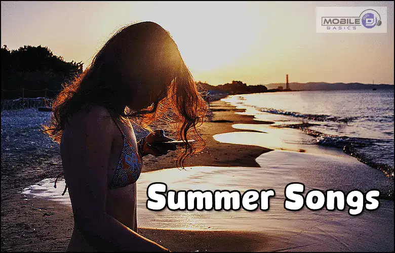 Woman on beach at sunset with mobile phone, summer songs theme.