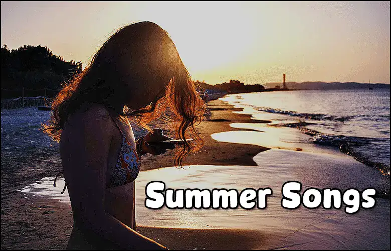 Woman on beach at sunset with mobile phone, summer songs theme.