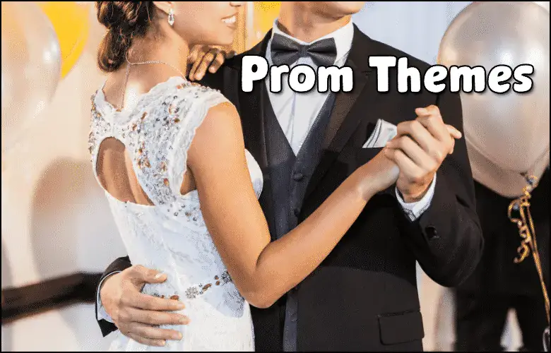 Couple dancing at prom with 'Prom Themes' text overlay.