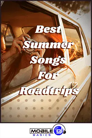 Summer road trip playlist with mobile DJ setup and sunset background.