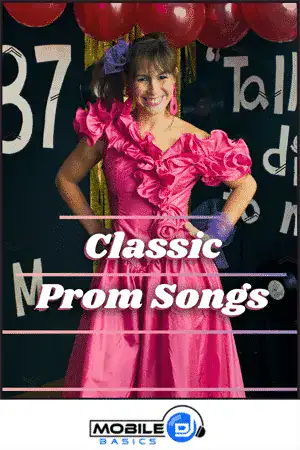 Young girl in pink prom dress at school event with Mobile DJ Basics logo.