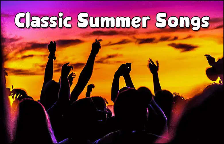 Silhouettes of people dancing at sunset with 'Classic Summer Songs' text.