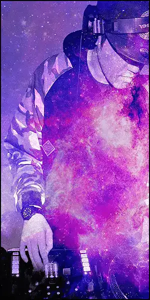 DJ mixing music with cosmic galaxy background for Mobile DJ Basics.