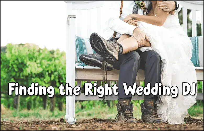Couple at wedding with DJ equipment, outdoor setting, finding the right wedding DJ.