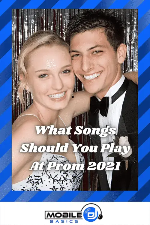 Young couple at prom with DJ equipment and festive backdrop.