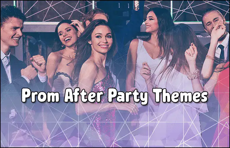 Group of young people dancing at prom after-party with themed backdrop.