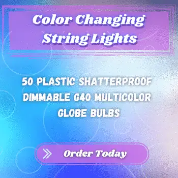 Color changing string lights for DJ and party decor, 50 plastic shatterproof bulbs.