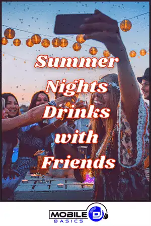 Group of friends enjoying summer nights with drinks at outdoor party.