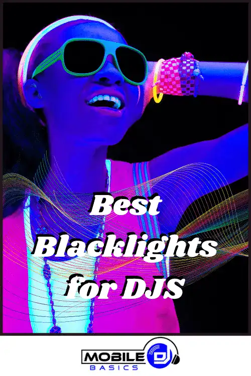 Colorful blacklights for DJs with vibrant neon effects and a smiling woman wearing sunglasses.