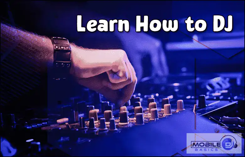 DJ mixing console with hand adjusting controls for mobile DJ setup.