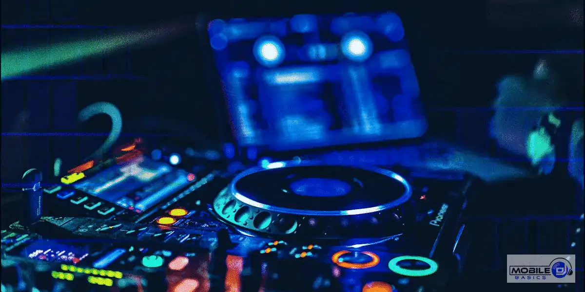 DJ equipment with turntables and mixer at a mobile DJ setup.