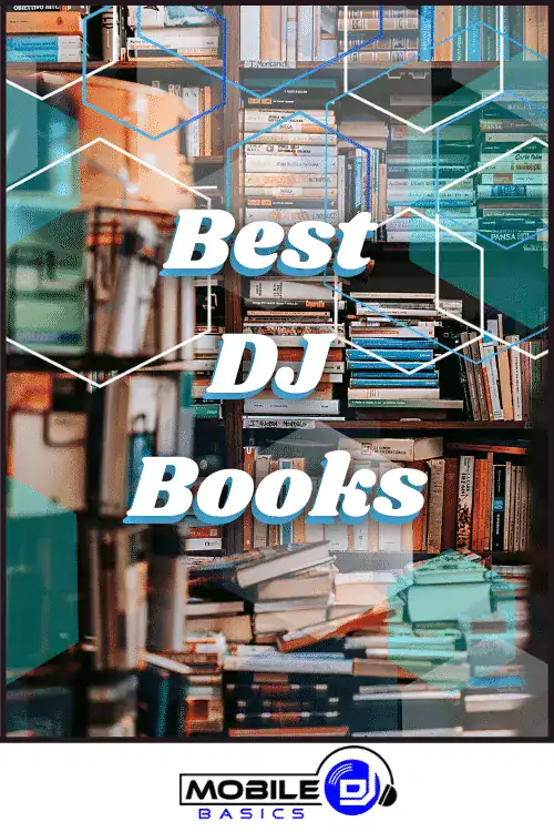 Collection of DJ books and equipment for mobile DJ setup and learning.