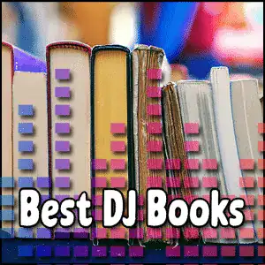 Collection of DJ books with colorful sticky notes for learning DJ skills.