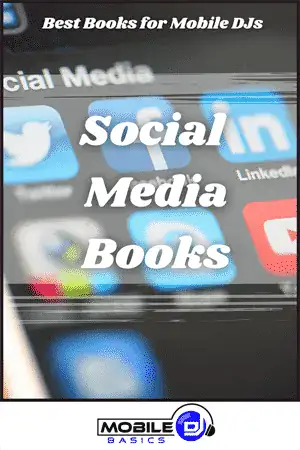 Mobile DJ Basics social media books app screen with social media icons.