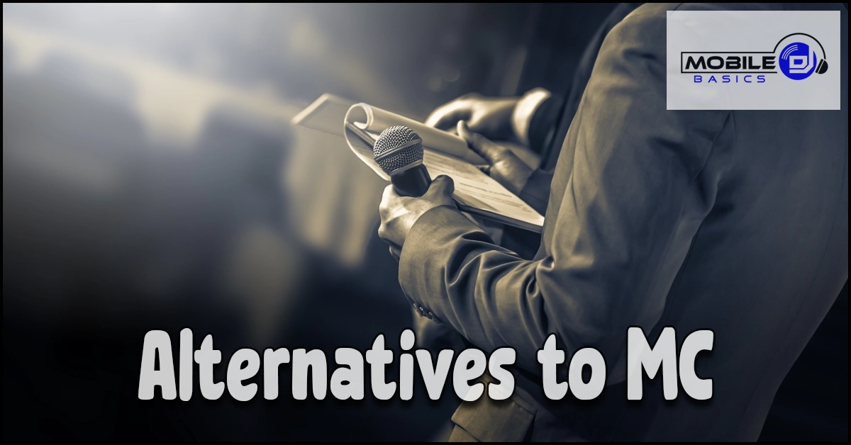 A person in a suit holds a microphone and notes, presenting “Alternatives to Master of Ceremonies” as overlaid text. The “Mobile Basics” logo appears in the top right corner.
