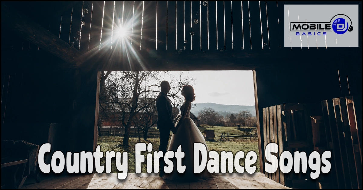 Bride and groom dance inside a rustic barn with sunlight streaming through wooden slats; text reads “Country First Dance Songs,” setting the perfect scene for unforgettable memories.