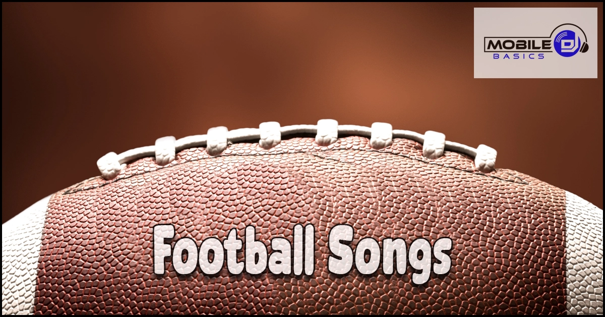 A close-up of an American football with the text “Football Songs” boldly displayed across it, and a “Mobile Basics” logo in the top right corner. This dynamic image perfectly captures the energetic spirit of Football Songs.