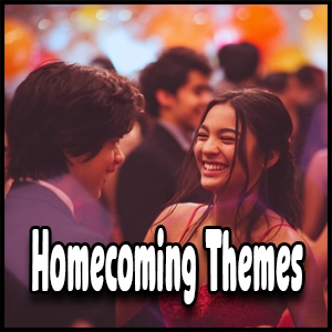 Two teenagers in formal wear smile at each other at a decorated dance, with the text “Homecoming Themes” overlaid on the image, perfectly capturing the excitement and style that different homecoming dance themes can bring to your special night.