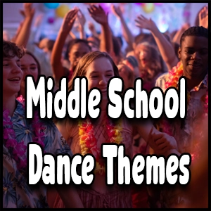 Teens wearing leis dance at a festive indoor party, celebrating creative Middle School Dance Themes. Large text in front reads, “Middle School Dance Themes.”.