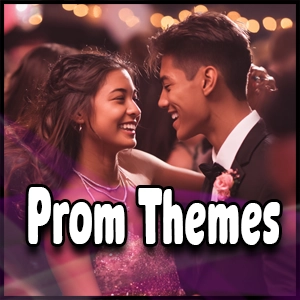 Two teenagers dressed in formal wear smile at each other while dancing at a prom decorated with dazzling prom themes. The text “Prom Themes” is displayed in bold white letters across the image.