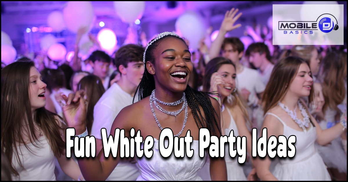 A group of young people dressed in white dance and celebrate at a lively party under purple UV lighting setup. Text reads: “Fun White Out Party Ideas.”.