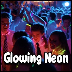 A crowd of teenagers at a party wearing glowing neon necklaces and bracelets, moving to the beat under blue and purple lighting, perfectly captures the excitement of a Neon Dance Theme.