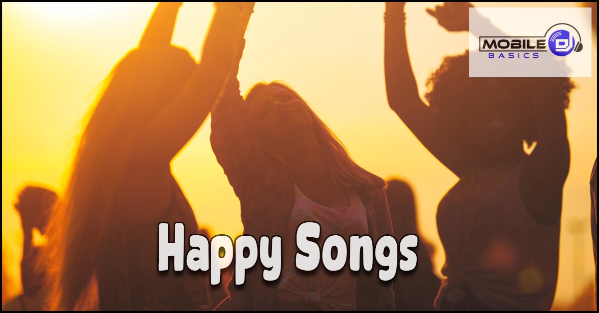 People dancing outdoors at sunset, radiating joy beneath the glowing sky, with the words “Happy Songs” brightening the scene and a Mobile Basics logo in the corner.