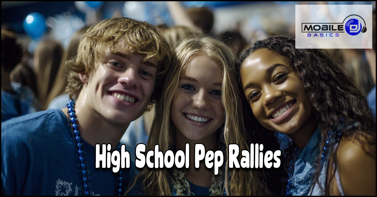 Three smiling teenagers at a crowded high school pep rally, wearing blue shirts and beaded necklaces, show their excitement during one of the school’s spirited high school assemblies. Text reads “High School Pep Rallies.” Mobile DJ logo appears in the top right corner.