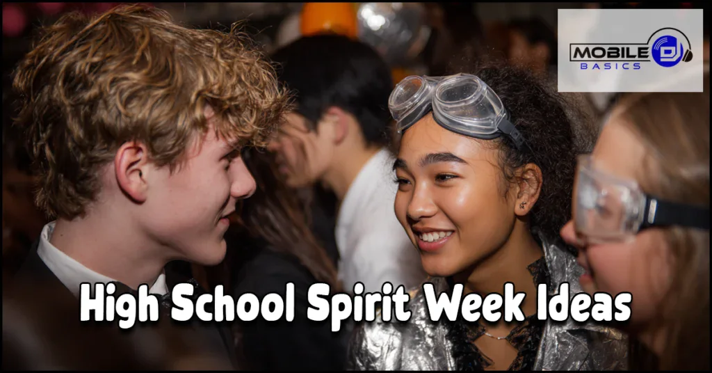 Two high school students in costume smile and talk at a crowded event, showcasing creative dress up themes. Text on image reads “High School Spirit Week Ideas.”.