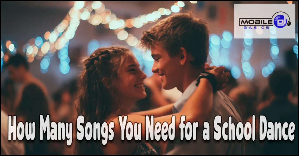 Two teenagers dance together at a decorated event, with string lights in the background and the text “How Many Songs You Need for a School Dance” overlaid. This scene perfectly captures the excitement of choosing songs for a school dance, making it easy to imagine creating your ideal school dance songs list.