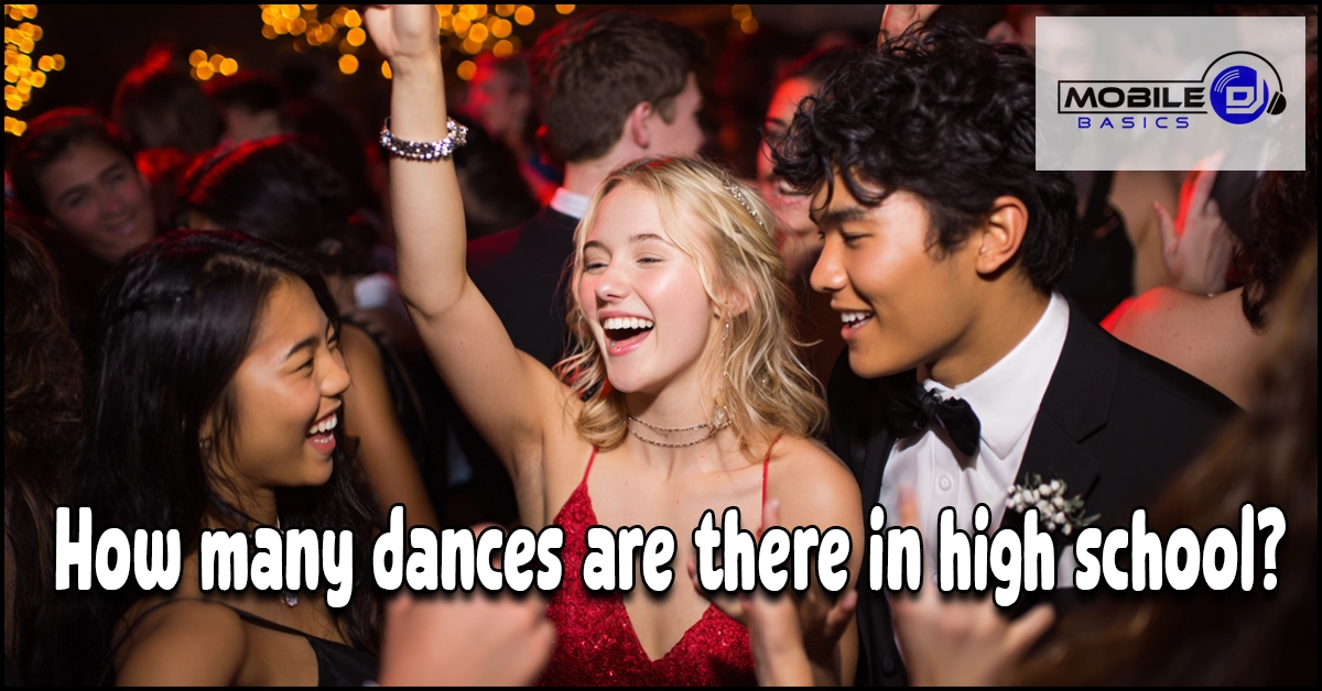 Three teenagers dressed formally are smiling and dancing at a crowded event, capturing the lively spirit of high school dances; text on the image asks, “How many dances are there in high school?”.