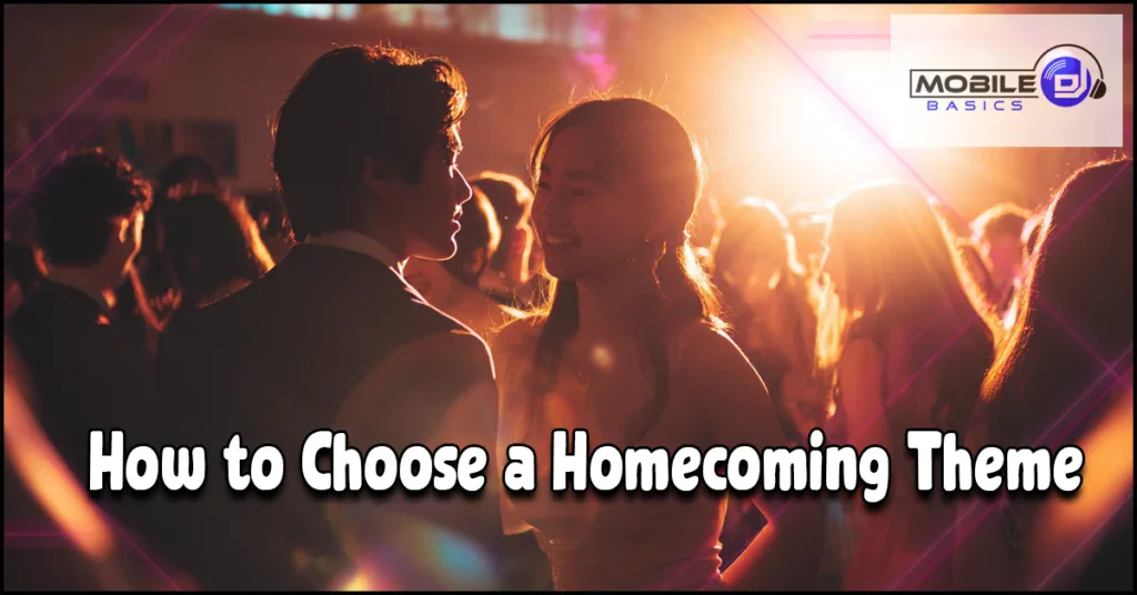 A couple dances at a formal event with bright lights and other people in the background. Text reads: “How to Choose a Homecoming Theme.” The image captures the excitement and elegance often associated with memorable homecoming dance themes.
