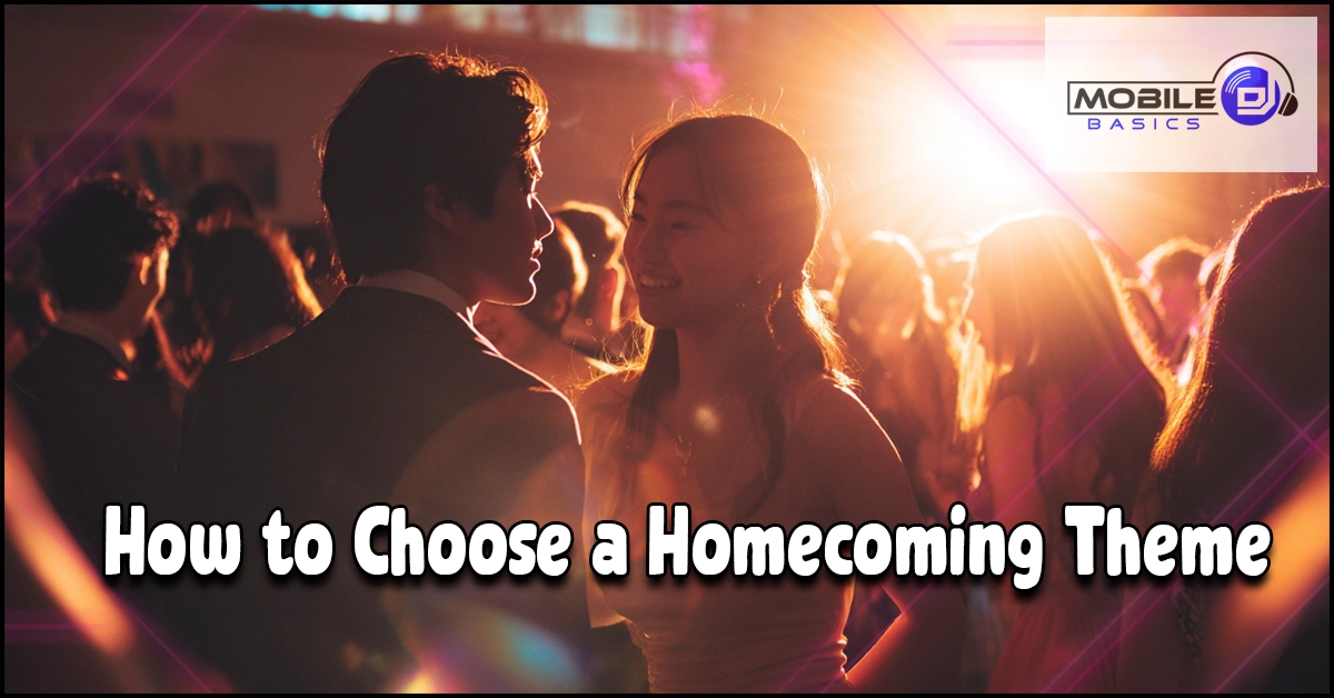 A couple dances at a formal event with bright lights and other people in the background. Text reads: “How to Choose a Homecoming Theme.” The image captures the excitement and elegance often associated with memorable homecoming dance themes.
