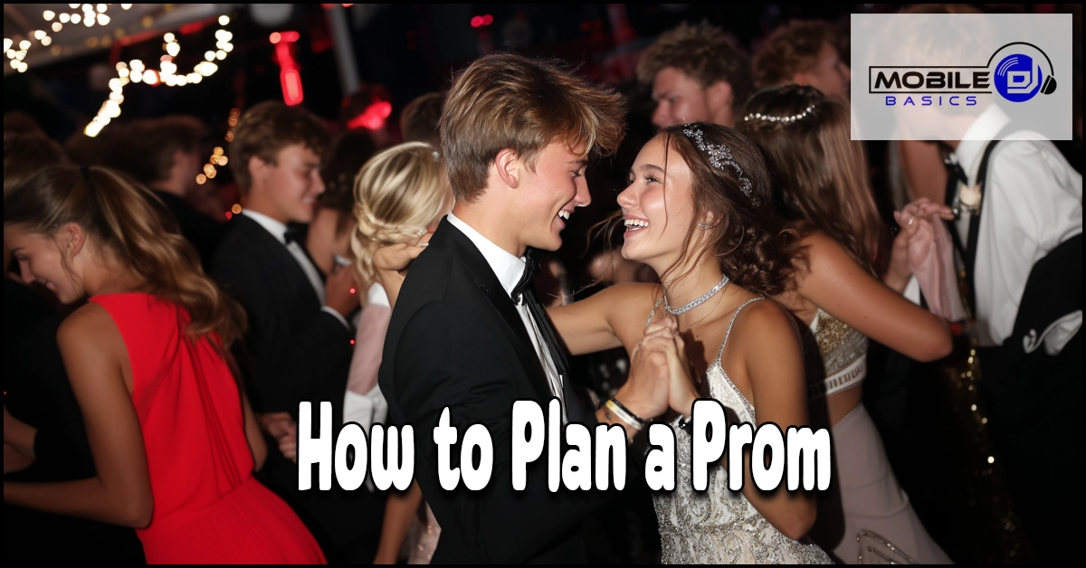 Teenagers in formal attire dance at a prom event; a “How to Plan a Prom” title and Mobile Basics logo are overlaid on the image, capturing the excitement of the night. This scene perfectly illustrates key elements from any prom planning guide, such as selecting the ideal prom venue and organizing an unforgettable celebration.