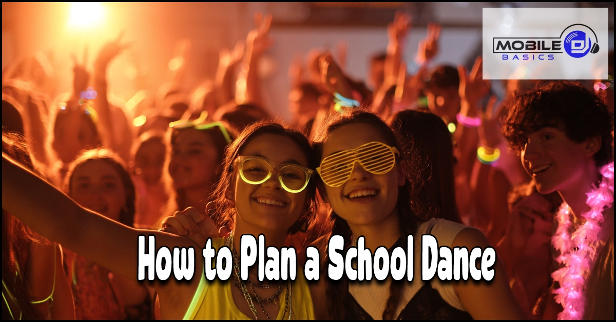Two teenagers wearing glow accessories smile at a lively school dance party with colorful lights, surrounded by a crowd; text reads “How to Plan a School Dance.” This scene captures the excitement that comes with student dance organization and highlights the fun results of effective school dance planning.