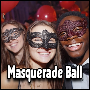 Three people wearing decorative masks smile at a masquerade ball, with balloons and other guests visible in the background. Text reads “Masquerade Ball,” capturing the enchanting spirit of this Masquerade Ball Dance Theme.