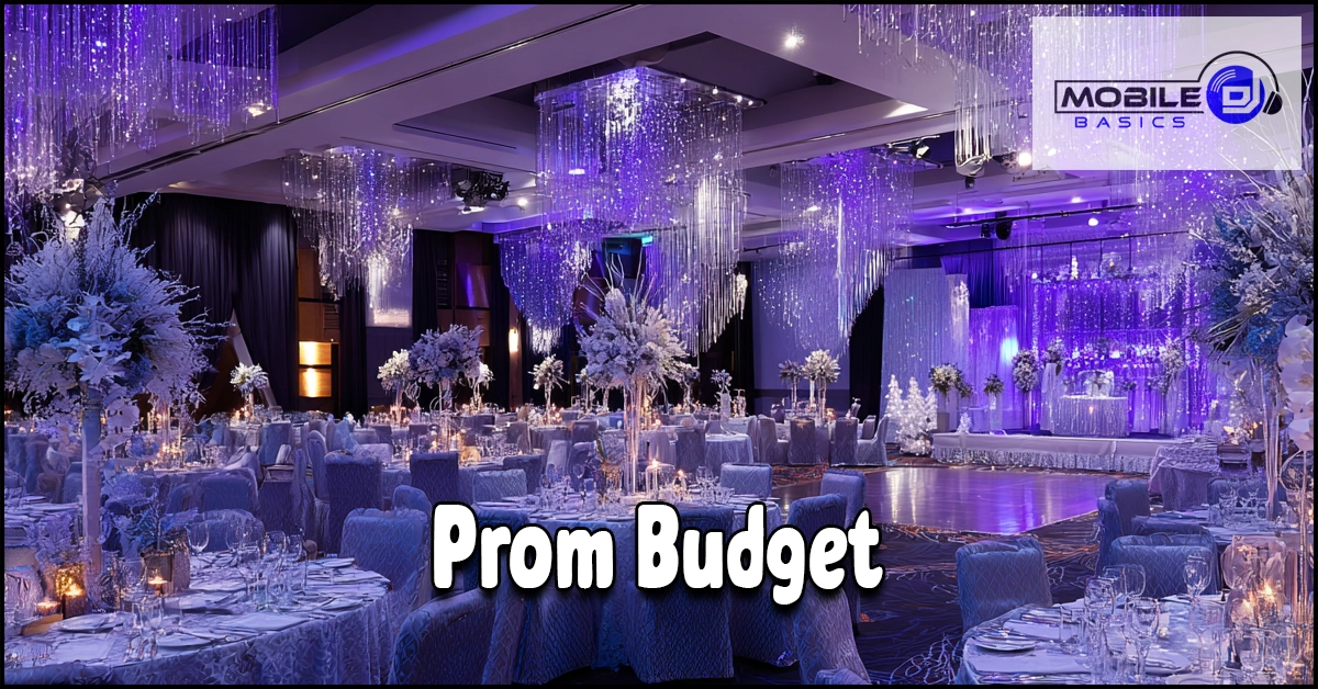 A decorated ballroom with elegant tables, crystal chandeliers, and white floral centerpieces highlights the atmosphere where prom expenses can quickly add up. The text “Prom Budget” appears over the image.