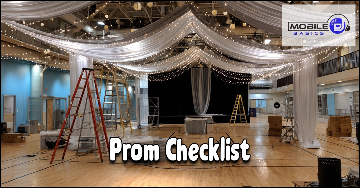 A gym decorated with lights, draped fabric, and ladders set up for prom, with a “Prom Checklist” text overlay—perfect inspiration for your prom shopping list—and a Mobile Basics logo in the corner.