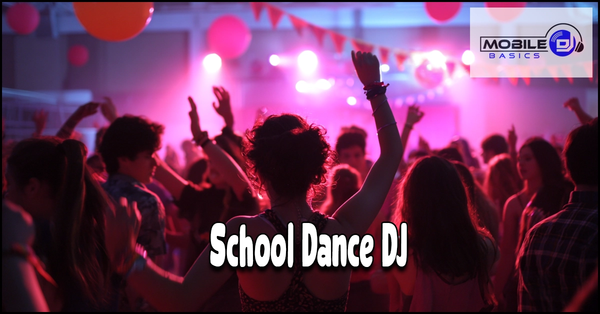 A crowd of students dances in a colorful, decorated gym with lights and a DJ booth visible, promoting top-tier school event dj services for unforgettable teen dance entertainment.