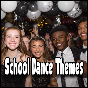 Four teenagers in formal attire smile at a school dance, surrounded by balloons and other students. Text reads: “School Dance Themes”—perfect inspiration for your school dance planning or searching for creative winter formal themes.