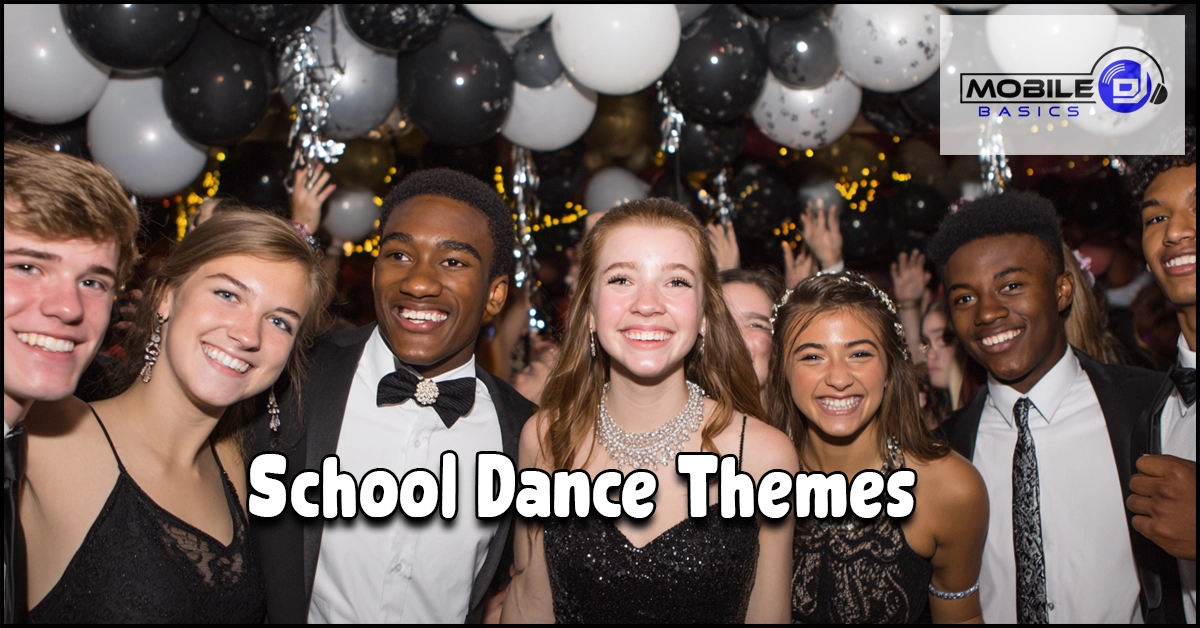 A group of teenagers dressed formally, smiling at a decorated school dance with balloons and string lights. Text reads “School Dance Themes,” perfect inspiration for your next school dance planning or choosing unforgettable winter formal themes.