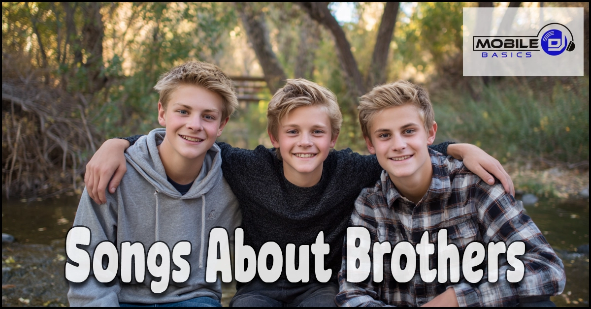 Three smiling boys sit side by side outdoors near a creek, perfectly capturing the spirit of Songs About Brothers, with the text prominently displayed and a Mobile Basics logo in the corner.